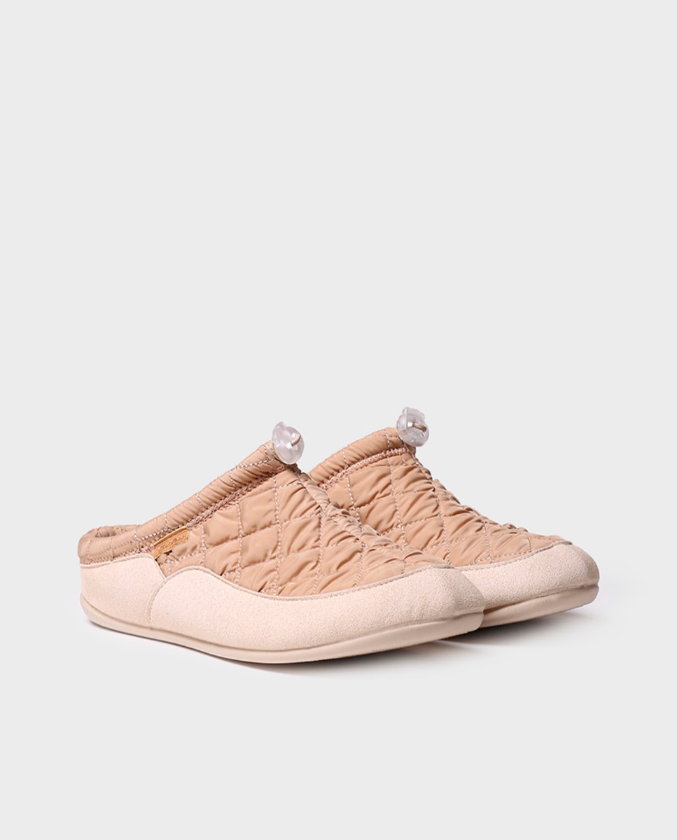 Pantufas de Tecido Acolchoado em Liso Bege-2