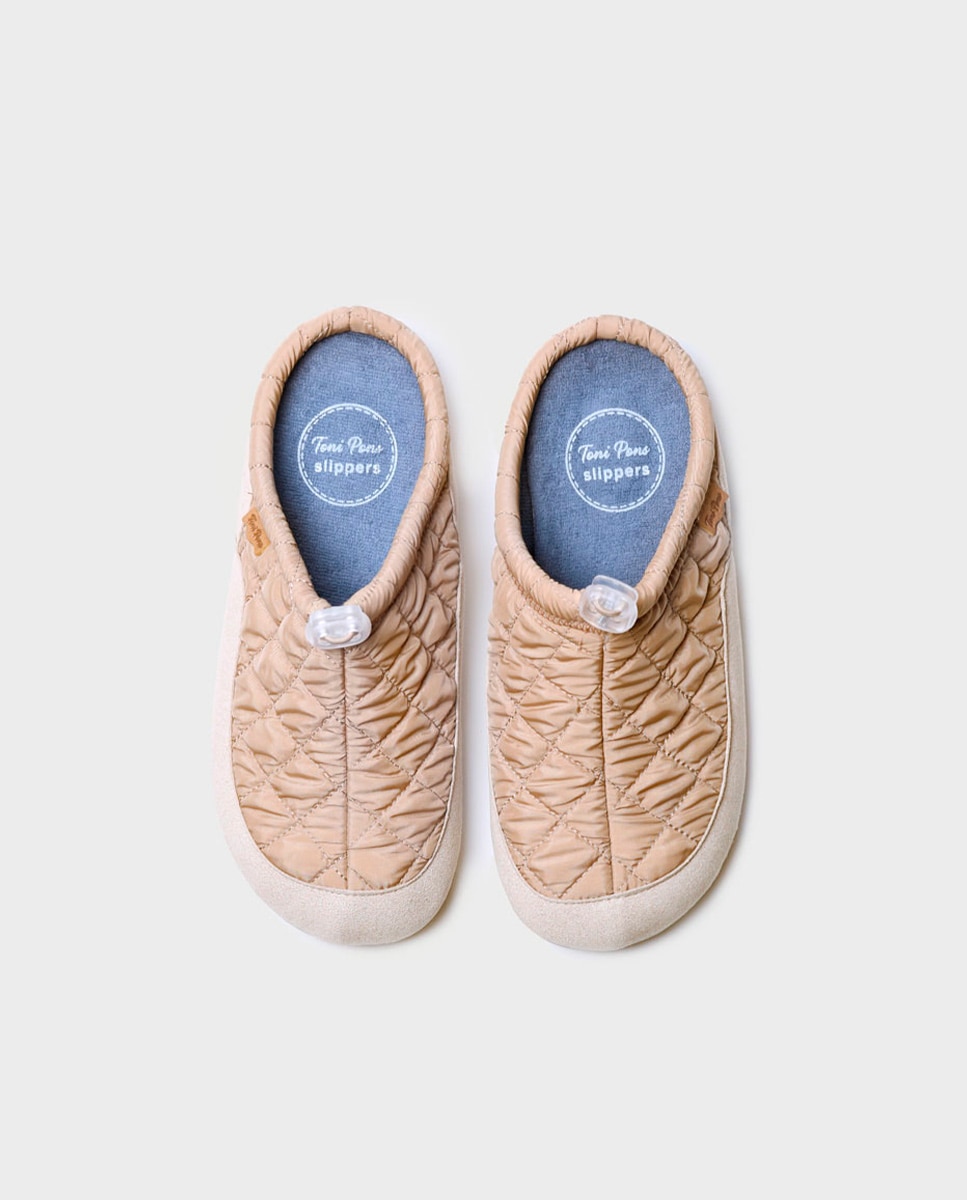 Pantufas de Tecido Acolchoado em Liso Bege-3