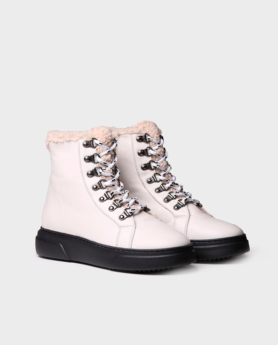 Botins de Pele com Atacadores e Fecho Zip Branco-2