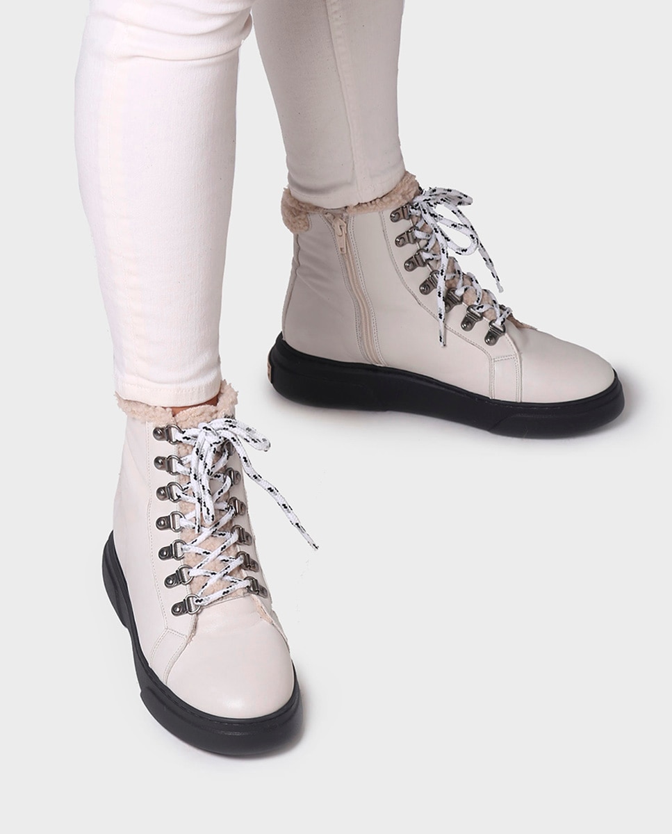 Botins de Pele com Atacadores e Fecho Zip Branco-4