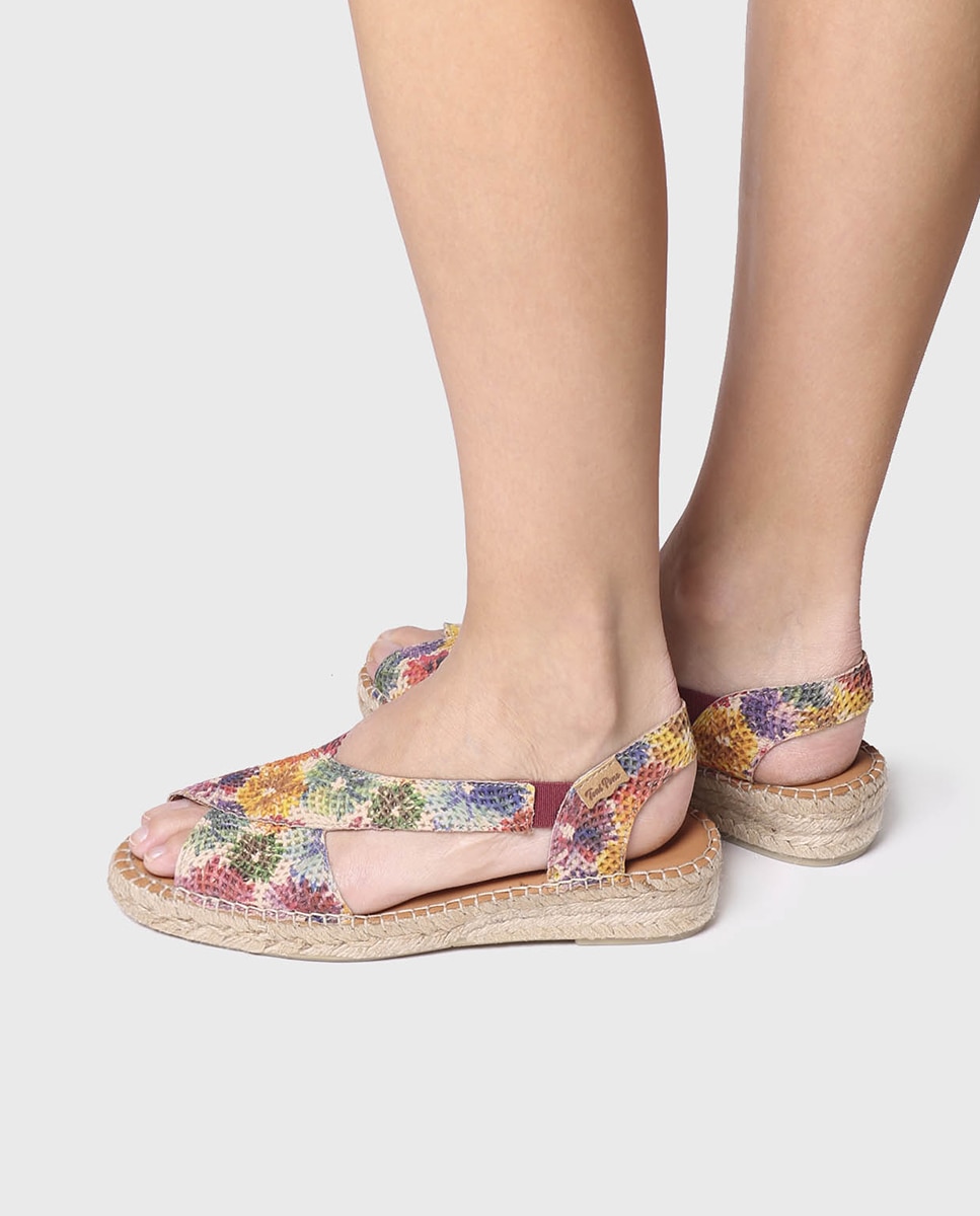 Alpercatas de Cunha em Pele com Estampado de Flores e Elásticos Multicolor-4