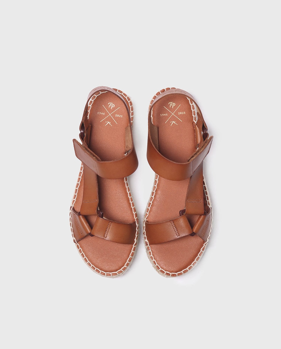 Alpercatas de Cunha em Pele com Velcro Castanho-3
