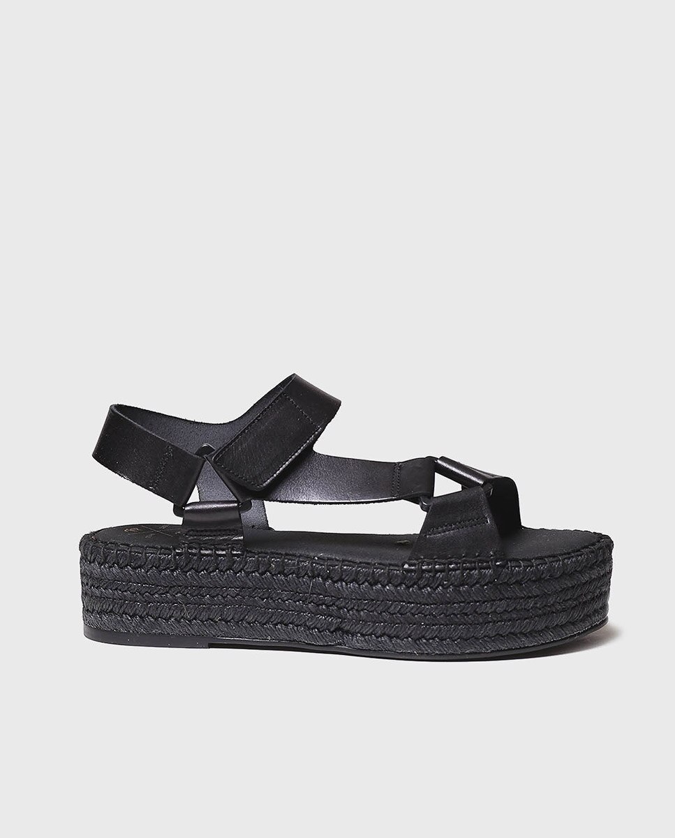 Alpercatas de Cunha em Pele com Velcro Preto-1