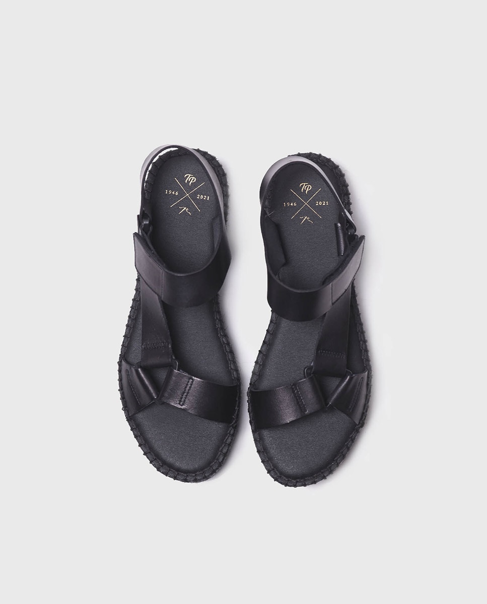 Alpercatas de Cunha em Pele com Velcro Preto-3