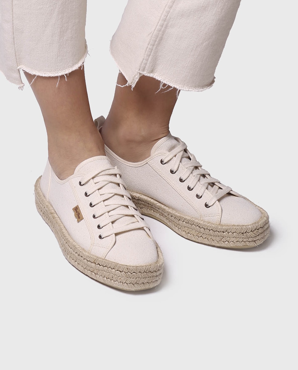 Alpercatas de Plataforma em Tecido em Liso com Cordões Cru-4