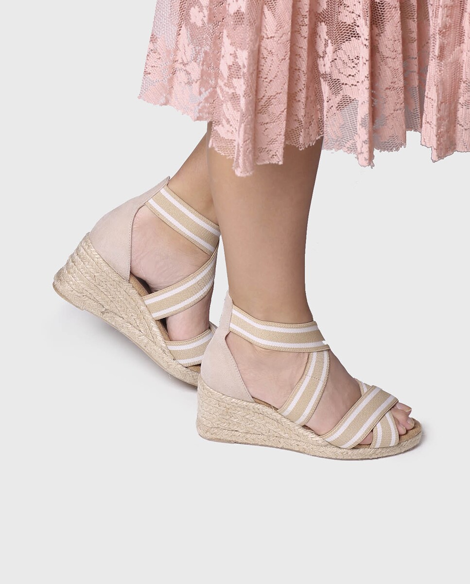 Alpercatas de Cunha em Camurça com Elásticos Às Riscas Castanho-4