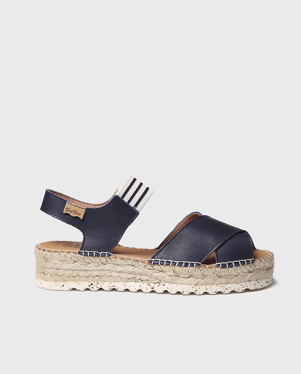 Alpercatas de Cunha em Pele com Elástico Azul-marinho-1