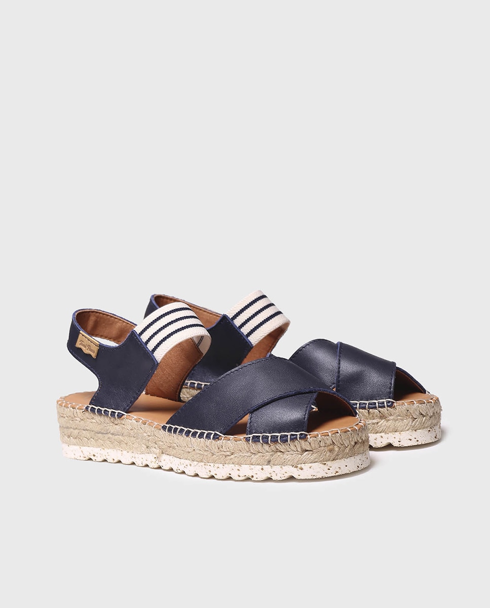 Alpercatas de Cunha em Pele com Elástico Azul-marinho-2