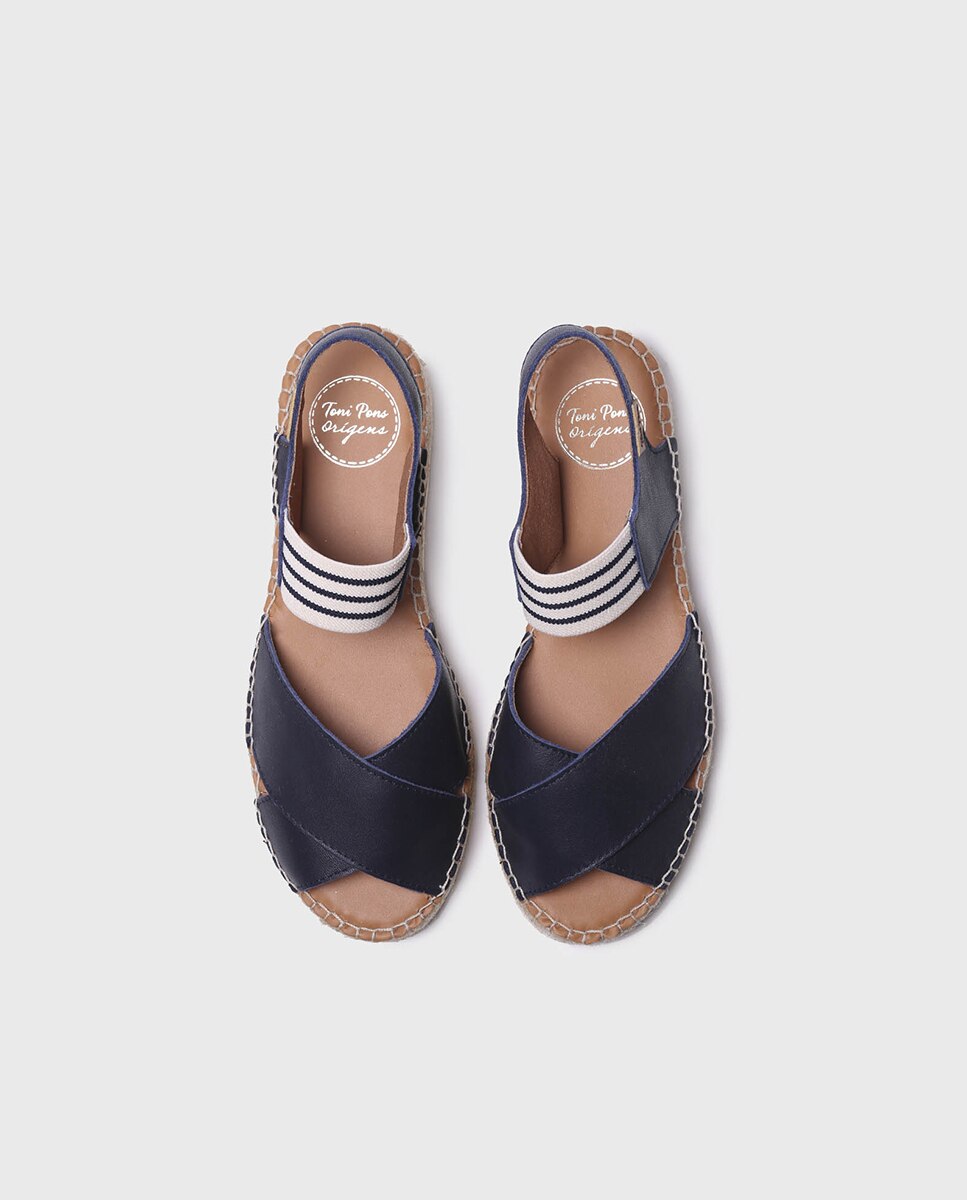 Alpercatas de Cunha em Pele com Elástico Azul-marinho-3