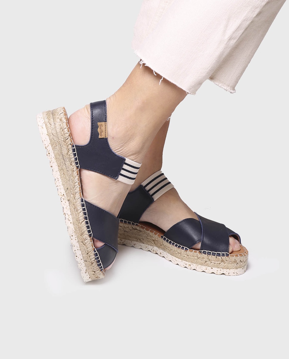 Alpercatas de Cunha em Pele com Elástico Azul-marinho-4