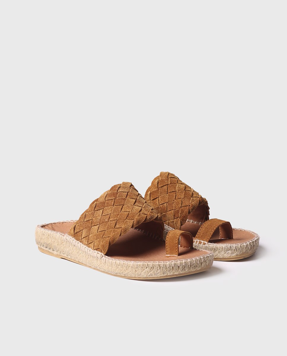 Alpercatas Rasas Abertas de Camurça Castanho-claro-2