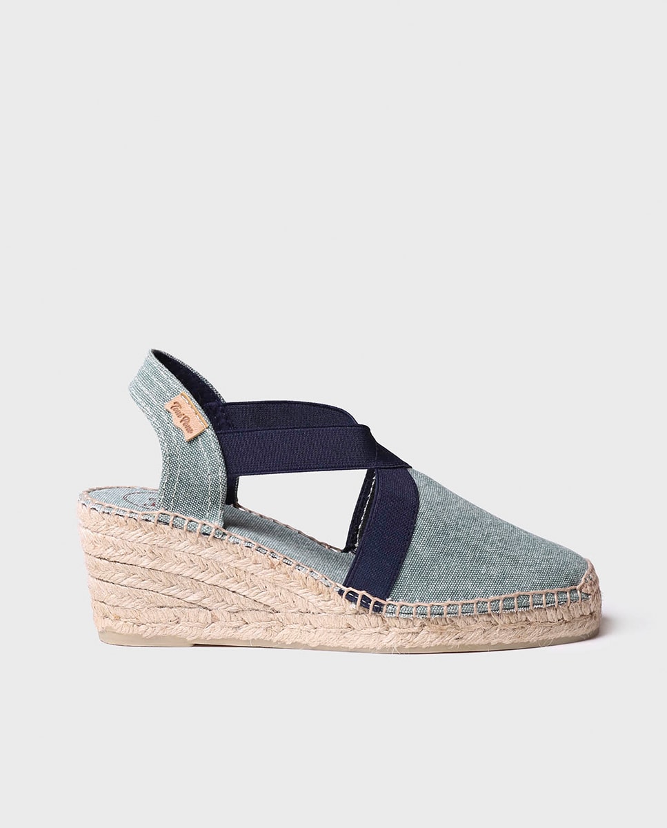 Alpercatas de Cunha em Tecido em Liso com Elásticos Azul-marinho / Verde-1