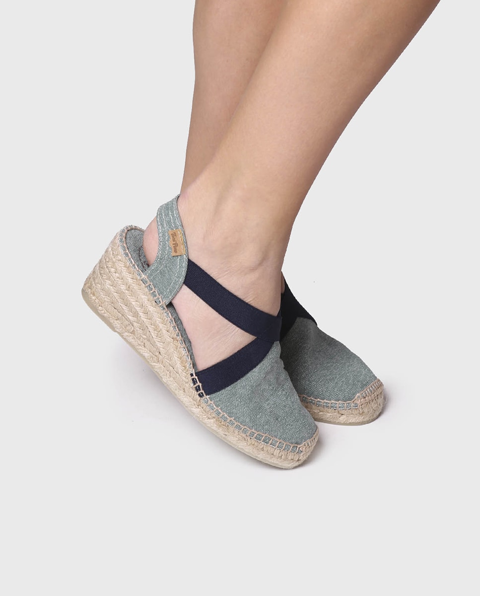 Alpercatas de Cunha em Tecido em Liso com Elásticos Azul-marinho / Verde-4