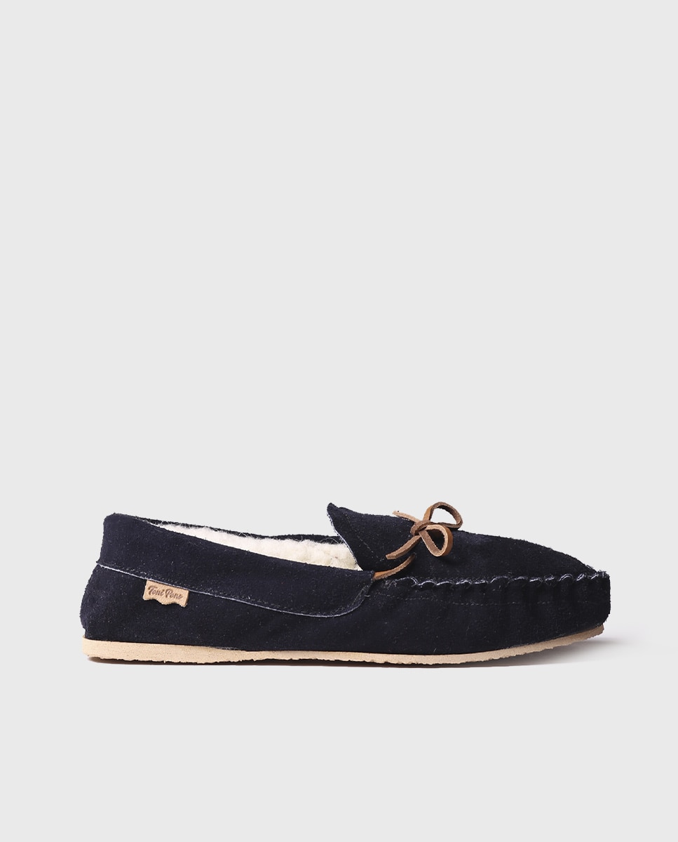 Pantufas Fechadas de Tecido de Camurça em Liso Azul-marinho-1