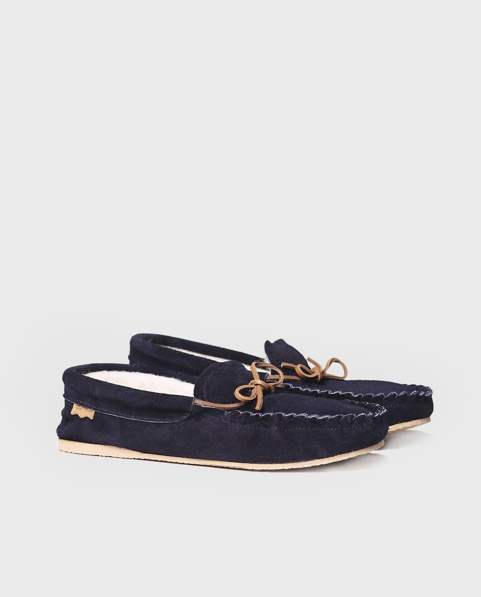 Pantufas Fechadas de Tecido de Camurça em Liso Azul-marinho-2