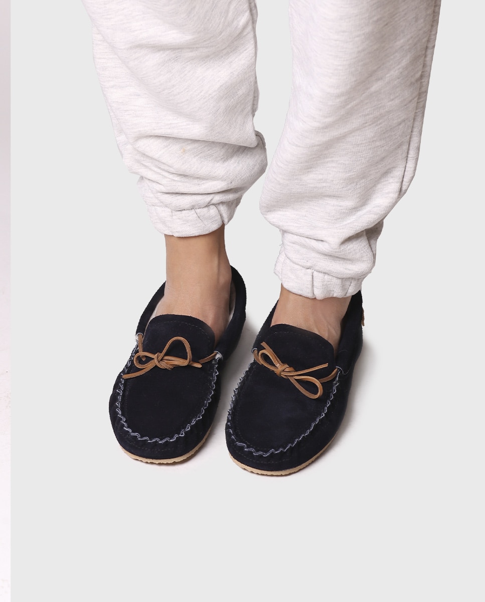 Pantufas Fechadas de Tecido de Camurça em Liso Azul-marinho-4