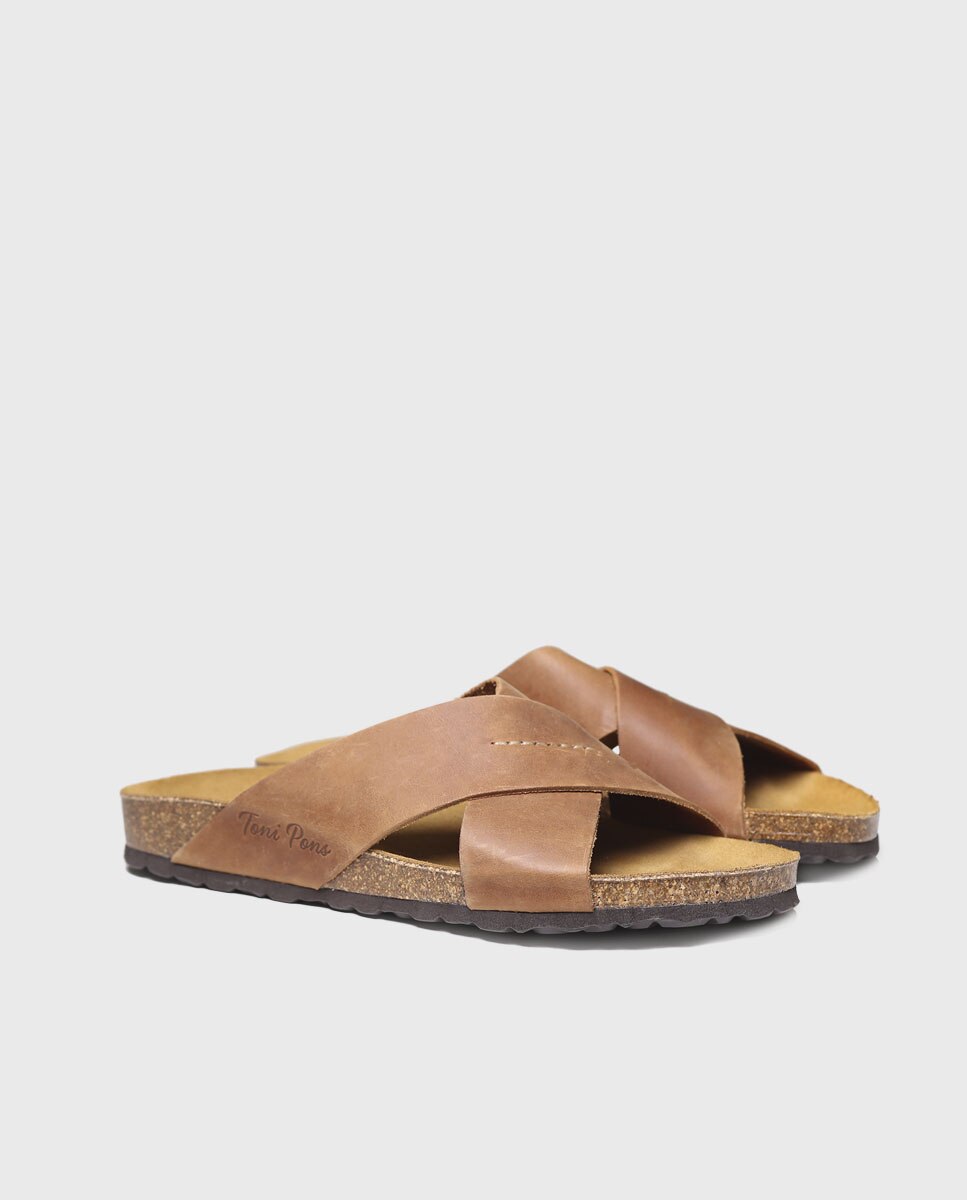 Sandálias de Pele com Tiras Cruzadas Castanho-2