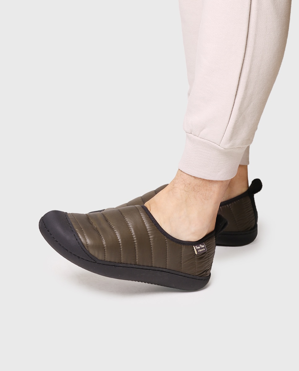 Pantufas de Tecido Acolchoado de Tons Lisos Caqui-4