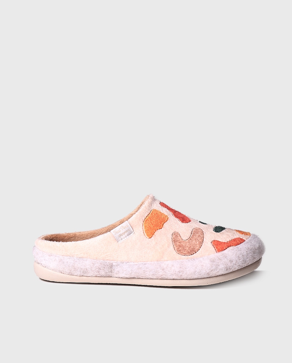 Pantufas Fechadas de Tecido com Motivos Multicolor Bege-1