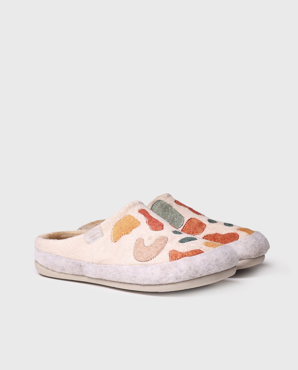 Pantufas Fechadas de Tecido com Motivos Multicolor Bege-2