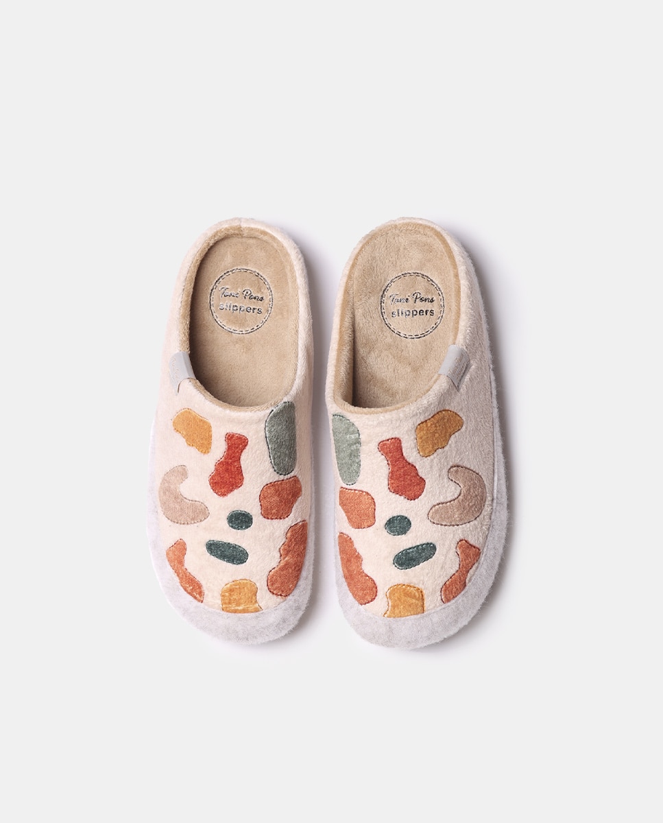 Pantufas Fechadas de Tecido com Motivos Multicolor Bege-3