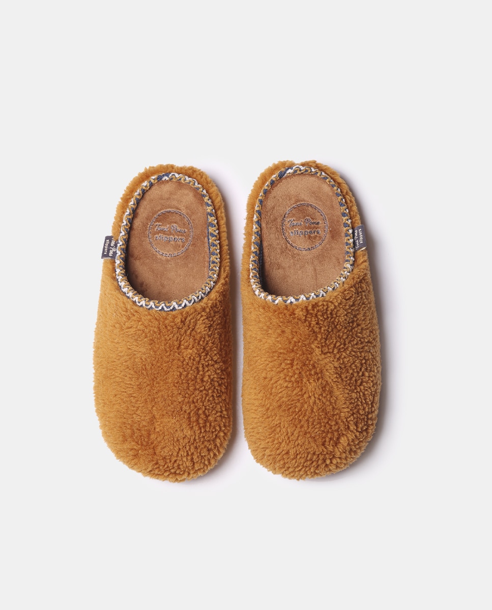 Pantufas Fechadas de Tecido Efeito Pelo de Ovelha Amarelo-3