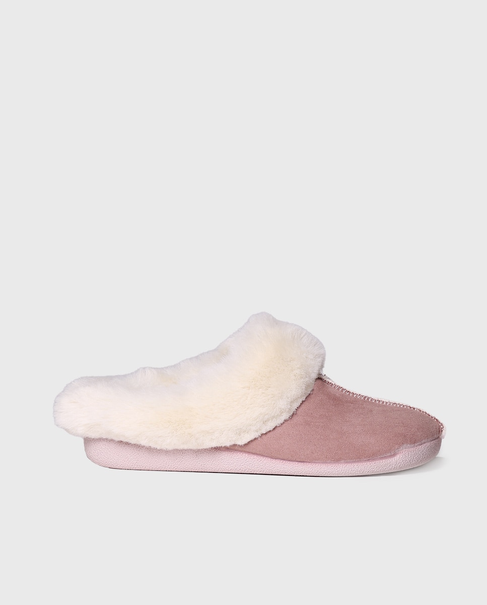 Pantufas Fechadas de Tecido de Pelo em Liso Rosa-1