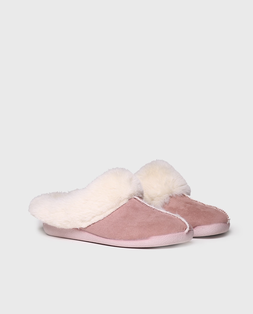 Pantufas Fechadas de Tecido de Pelo em Liso Rosa-2