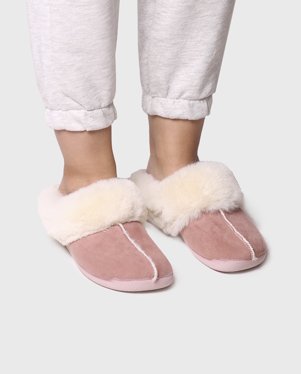 Pantufas Fechadas de Tecido de Pelo em Liso Rosa-4