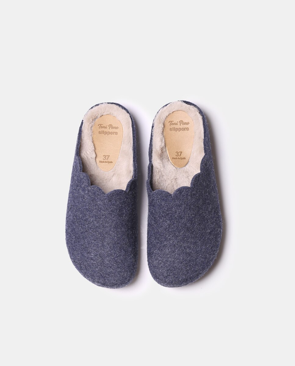 Pantufas Fechadas de Feltro em Liso Azul-3