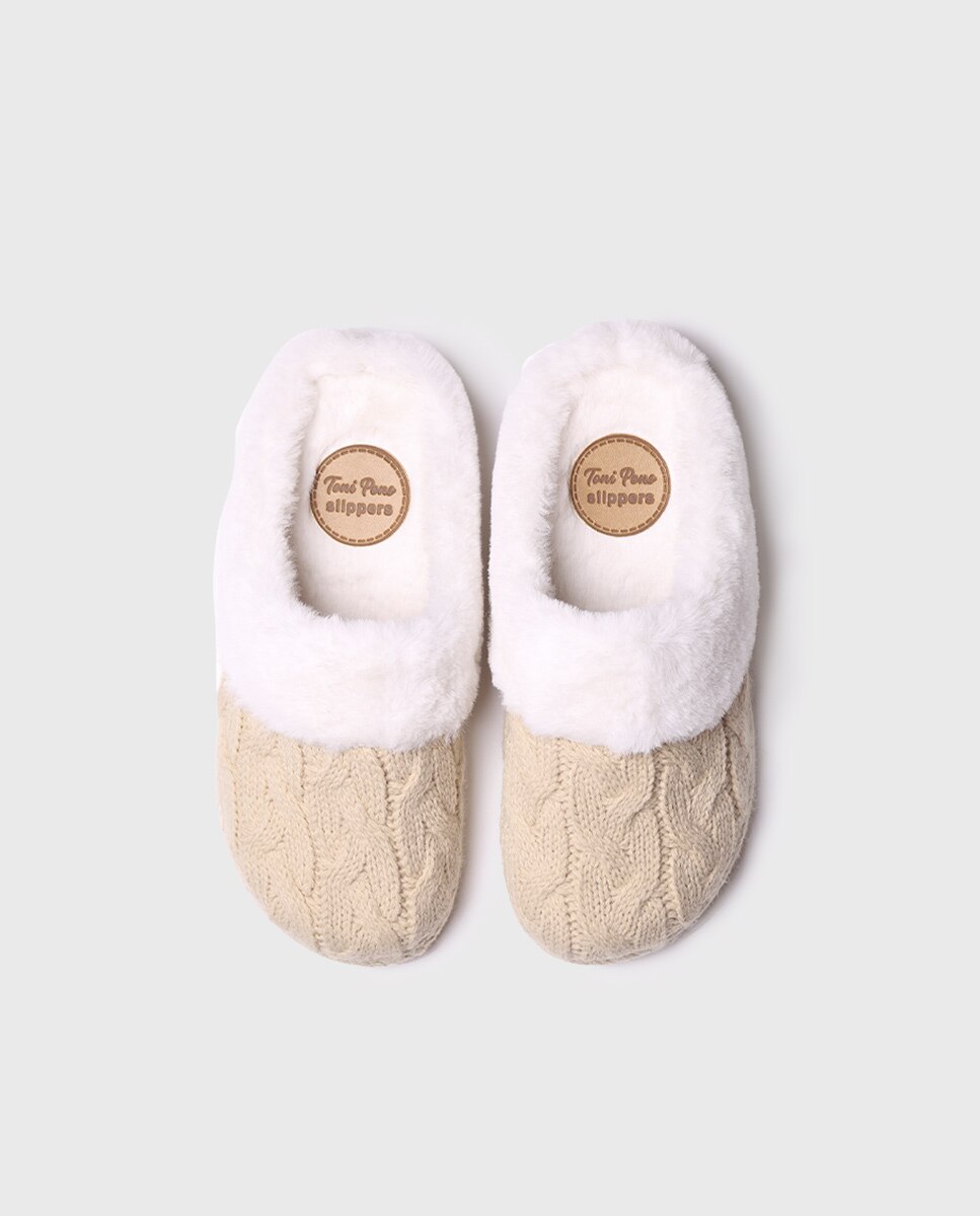 Pantufas Abertas de Tecido com Pelo Cru-3
