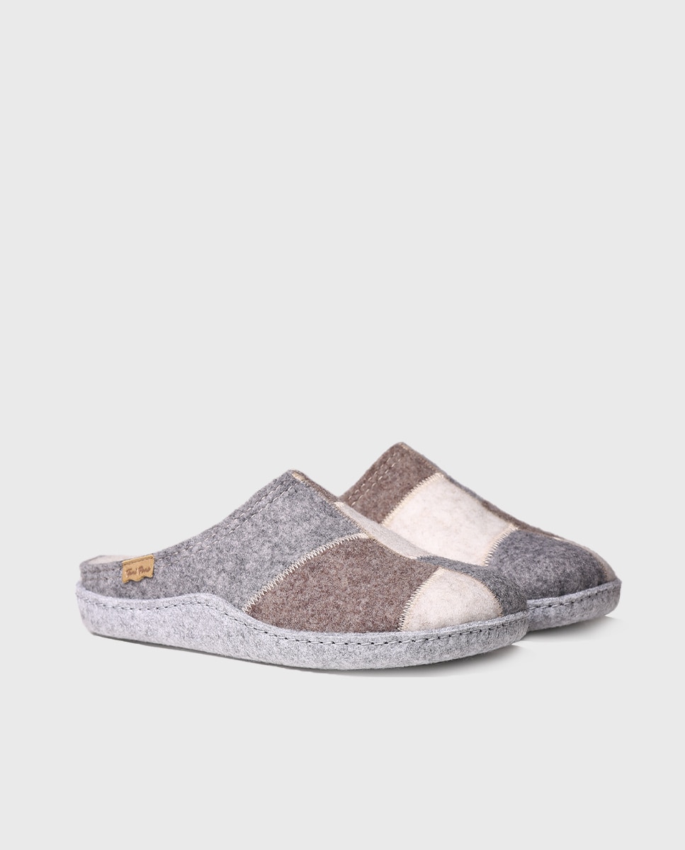 Pantufas Fechadas de Feltro Reciclado Efeito Patchwork Bege-2