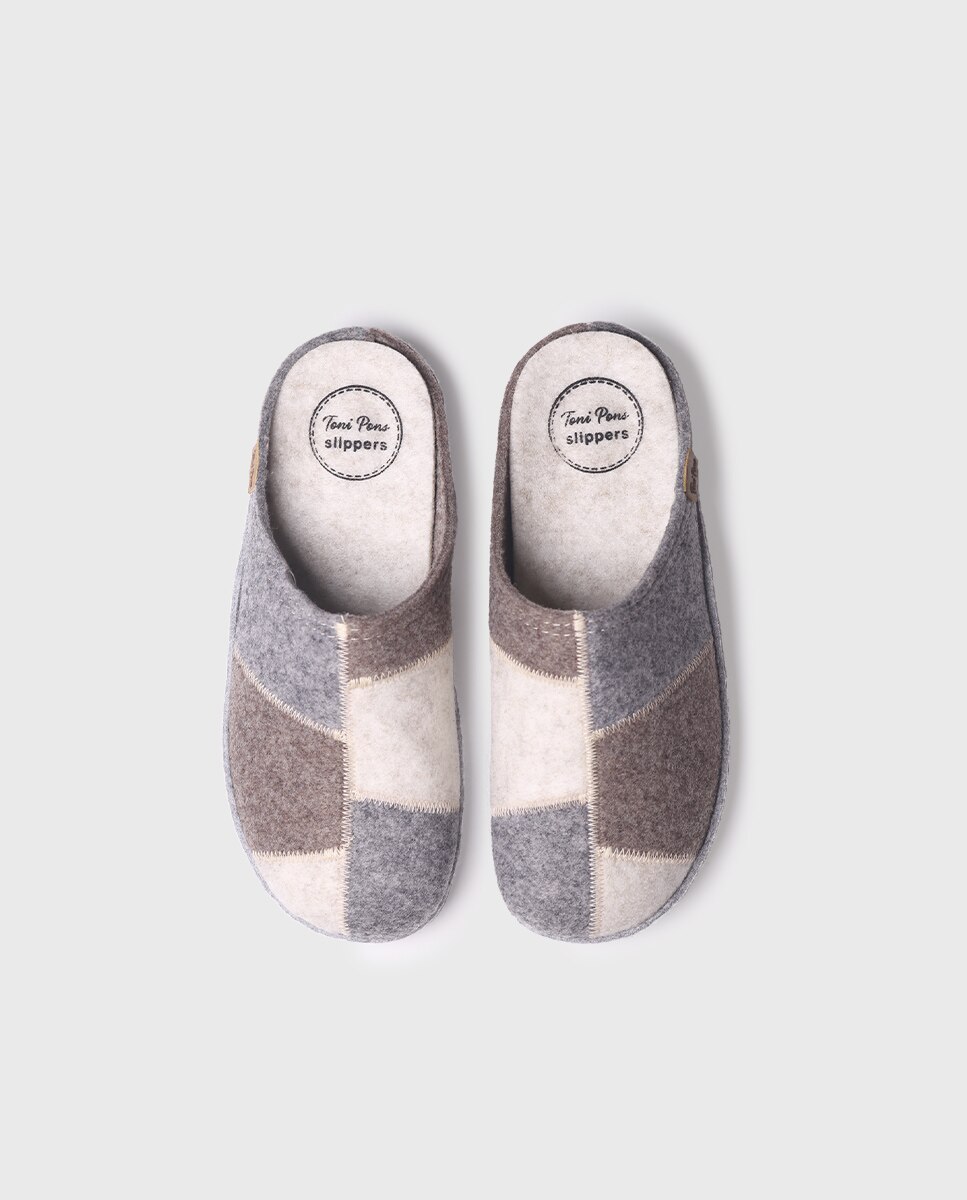 Pantufas Fechadas de Feltro Reciclado Efeito Patchwork Bege-3