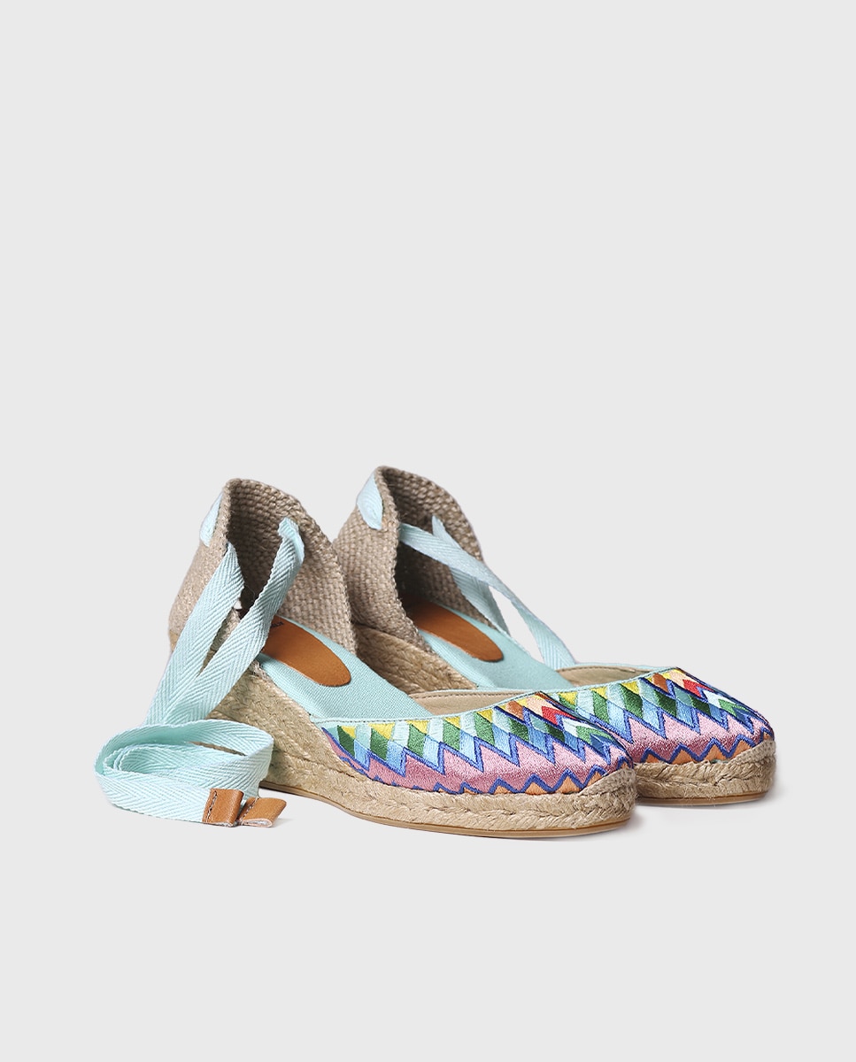 Alpercatas de Cunha em Tecido Estampado com Tiras Azul-2