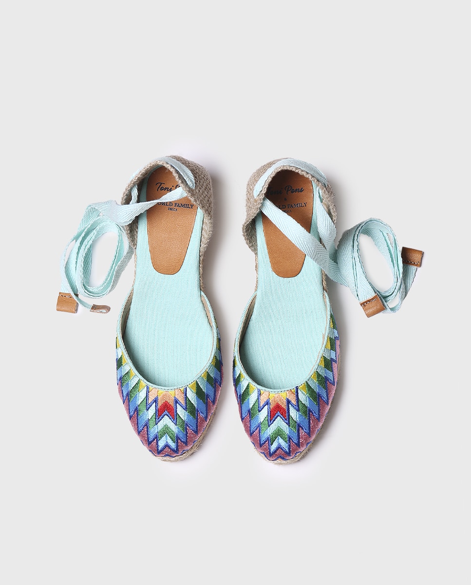 Alpercatas de Cunha em Tecido Estampado com Tiras Azul-3