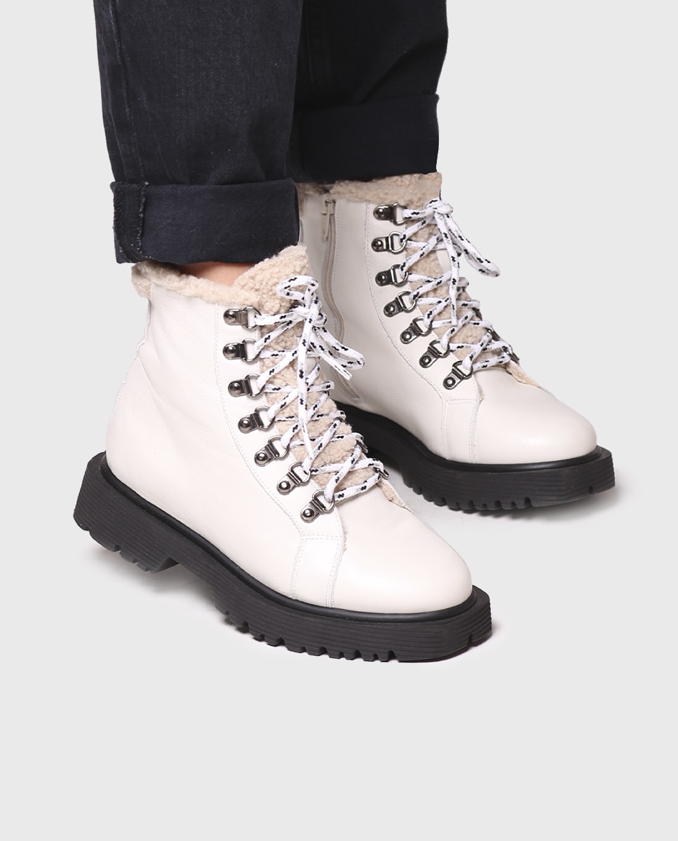 Botins de Pele com Atacadores e Fecho Zip Branco-4