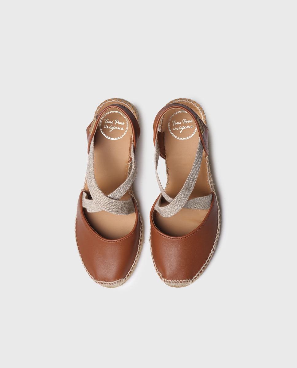 Alpercatas de Cunha em Pele com Elásticos Castanho-3