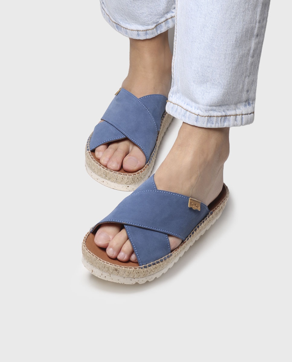 Sandálias Rasas Cruzadas de Camurça Azul-4