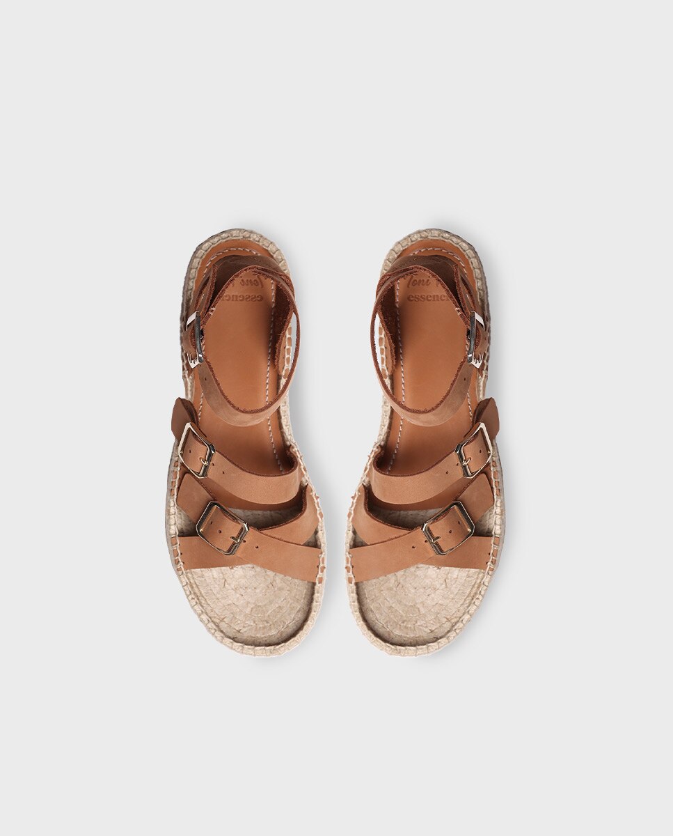 Sandálias de Plataforma em Pele com Fivela Castanho-3