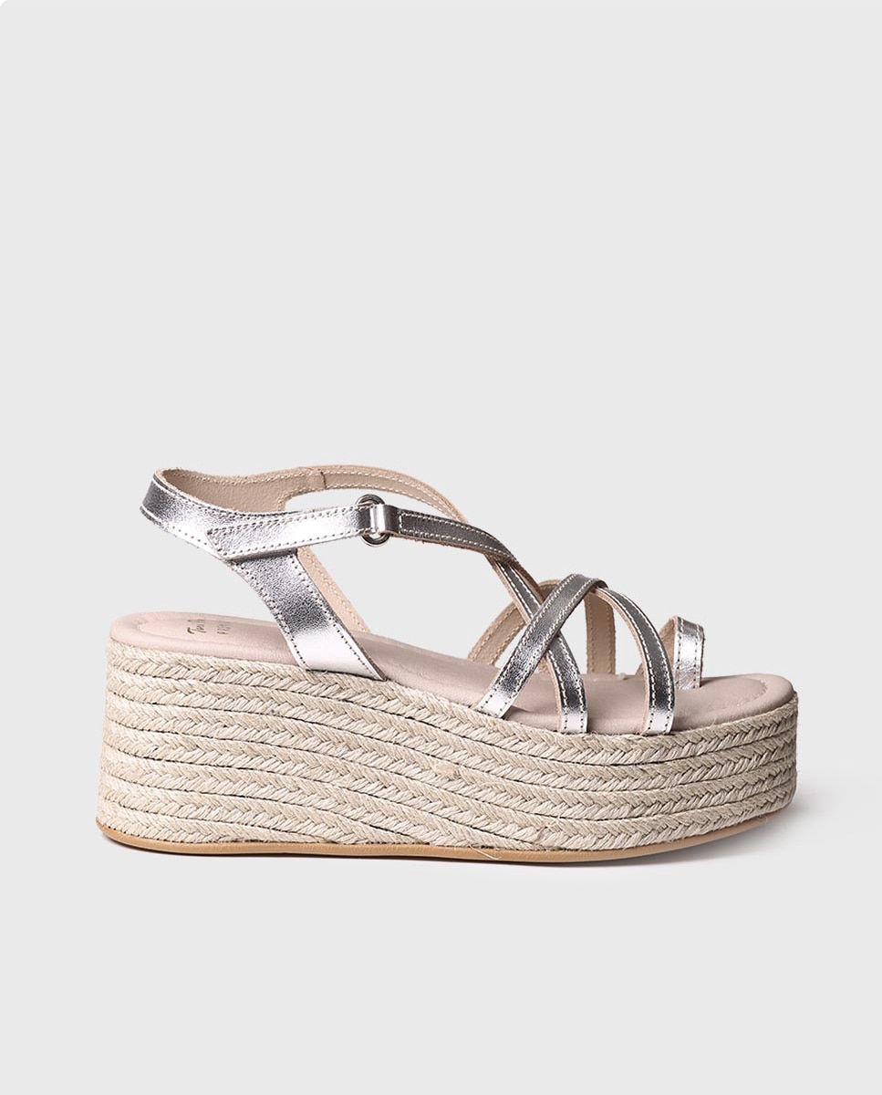 Sandálias de Plataforma em Pele com Velcro Prata-1