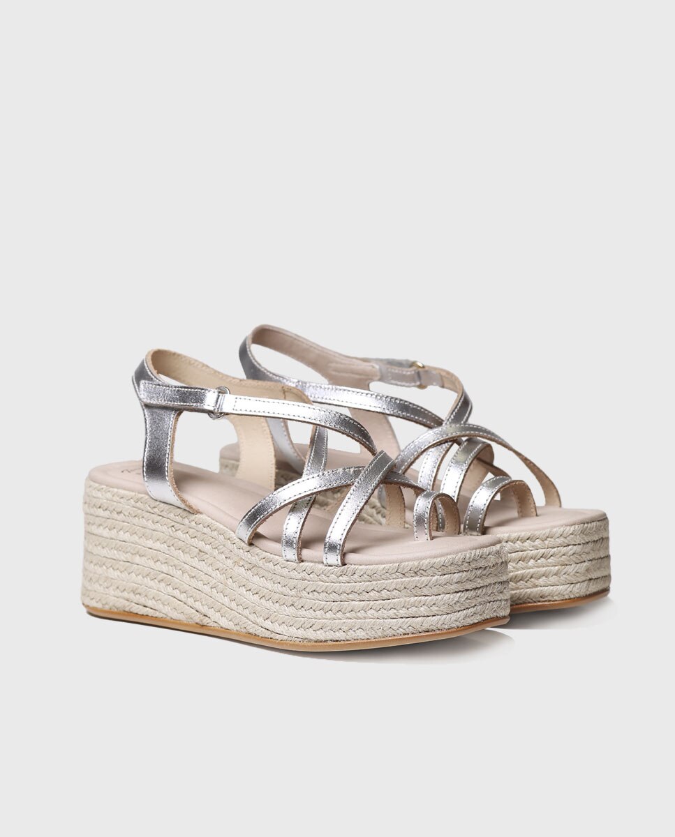 Sandálias de Plataforma em Pele com Velcro Prata-2