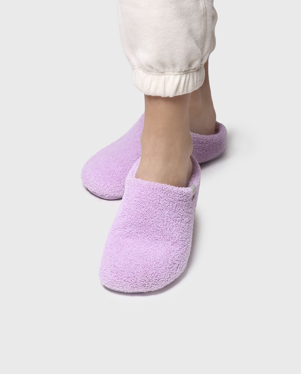 Pantufas Abertas de Tecido de Toalha em Liso Rosa-4
