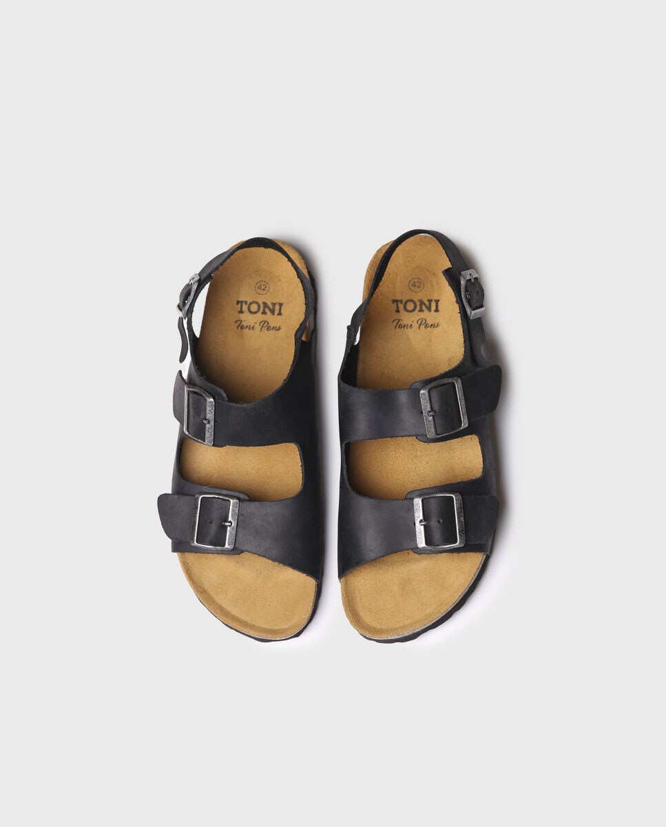 Sandálias de Pele com Fivelas Preto-3