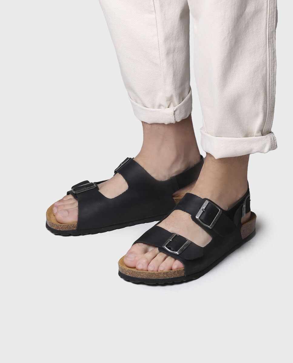 Sandálias de Pele com Fivelas Preto-4