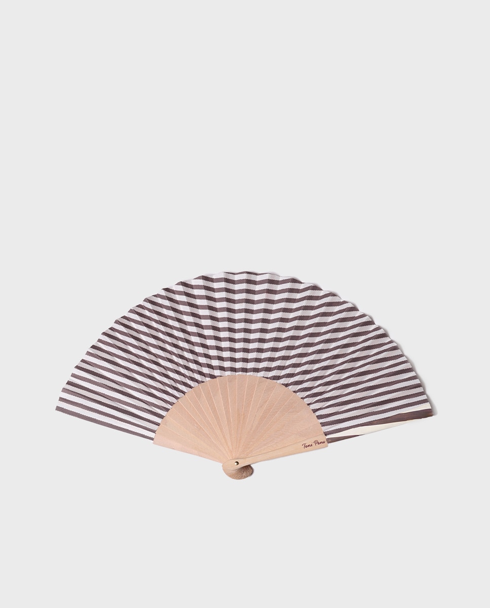 Leque Pintado À Mão com Estampado Às Riscas Castanho / Branco gasto-1