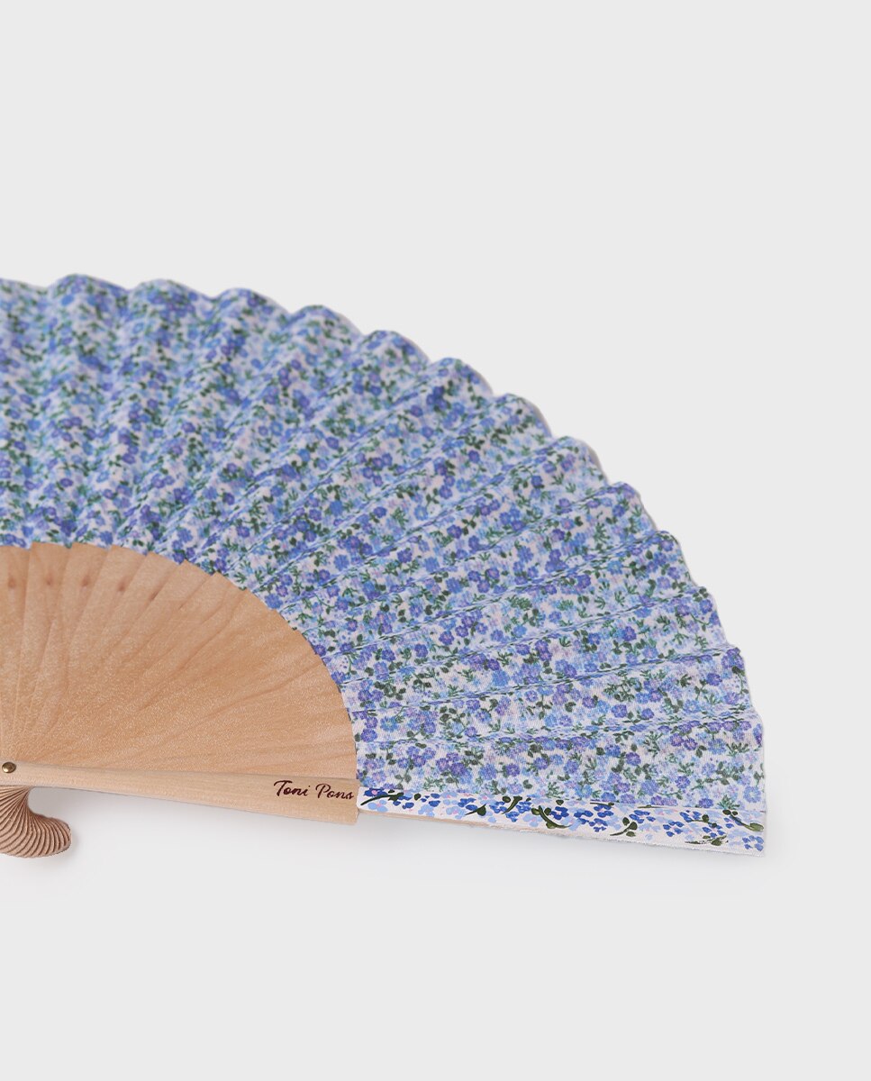 Leque Pintado à Mão com Estampado Floral Azul-2