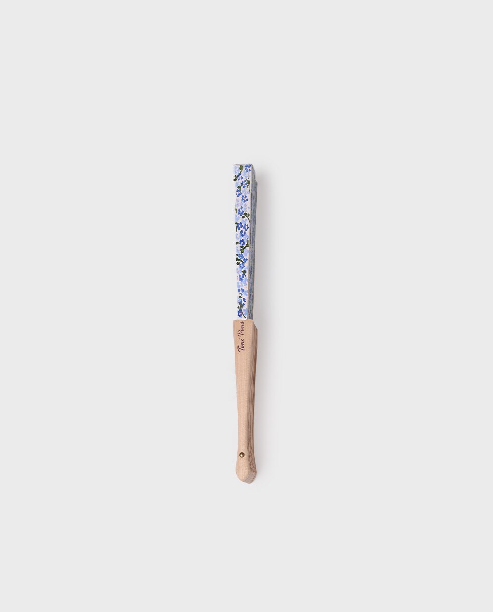Leque Pintado à Mão com Estampado Floral Azul-3