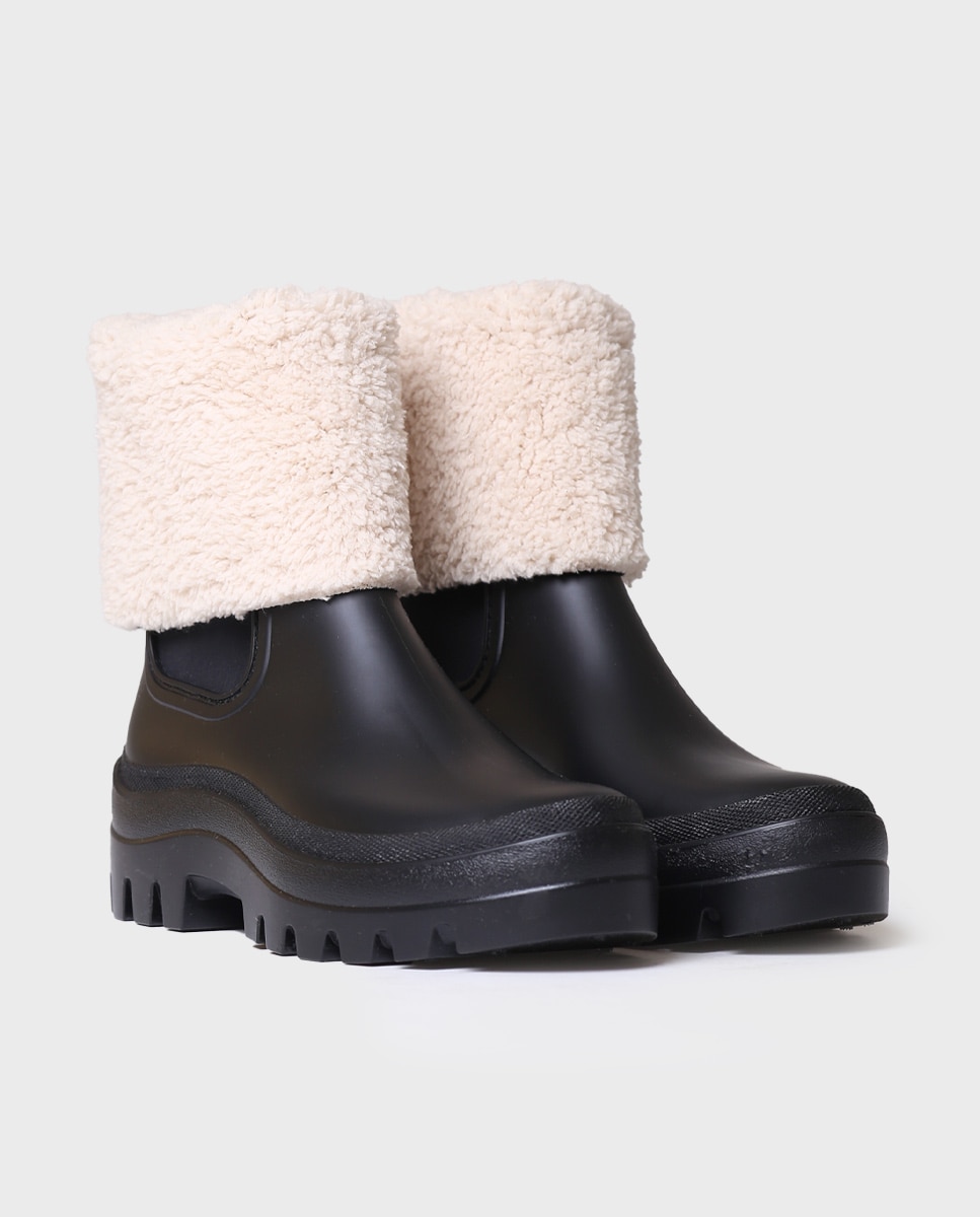 Botins de Água de Borracha com Forro de Pelo de Ovelha Preto-2