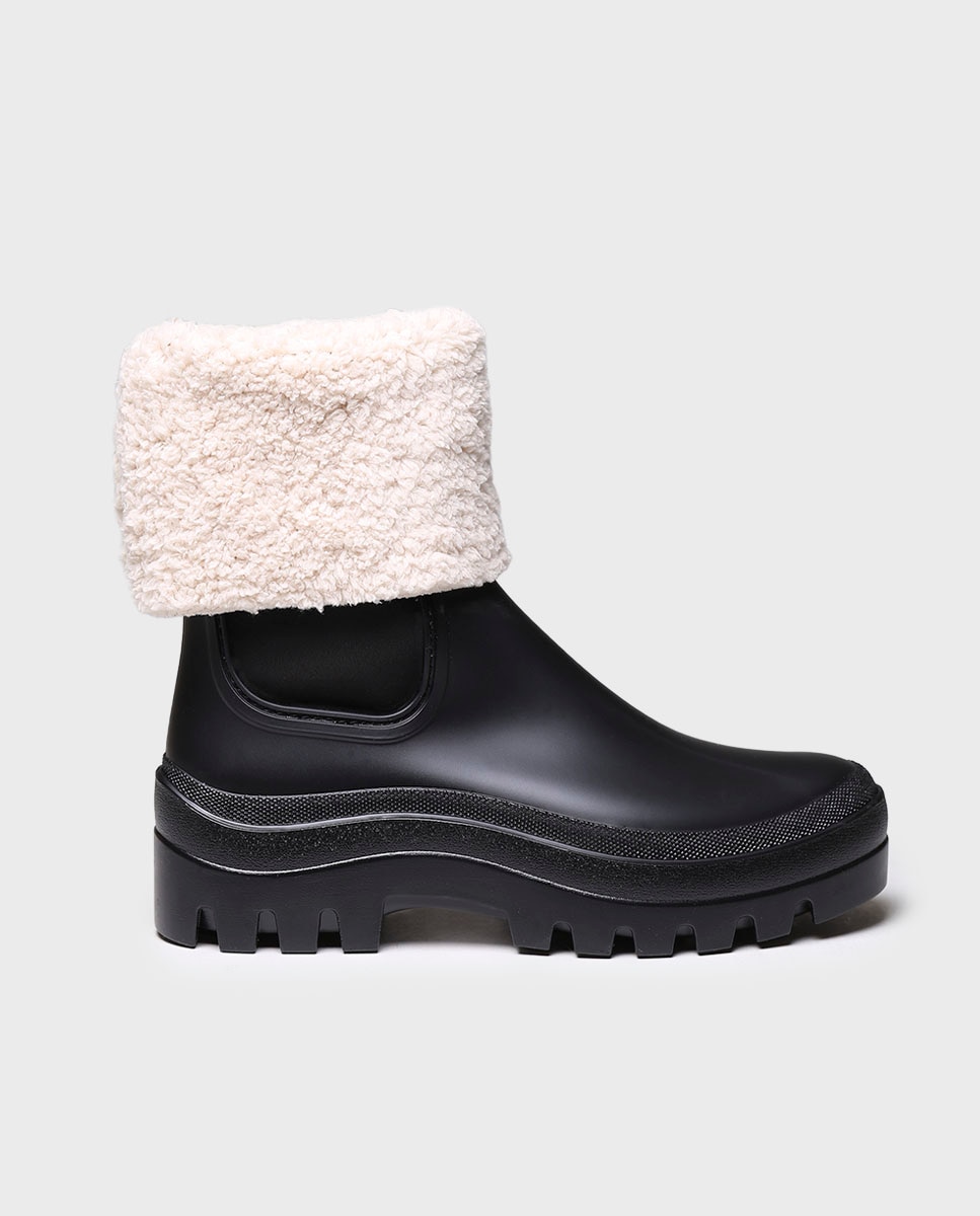 Botins de Água de Borracha com Forro de Pelo de Ovelha Preto-1
