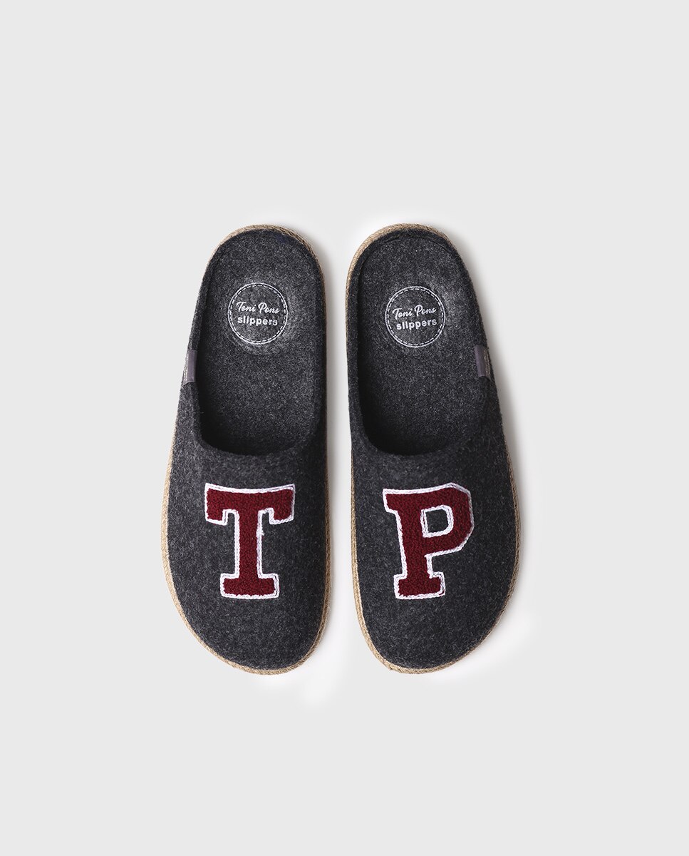 Pantufas de Feltro com Bordado Cinzento-escuro-3